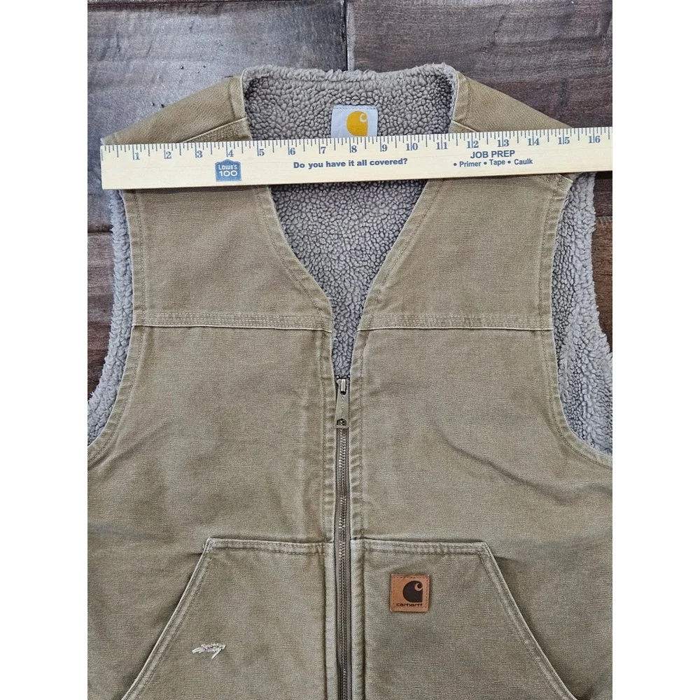 Distressed Carhartt Mens Sherpa Lined Sandstone Duck Vest Tan L Canvas V-Neck
